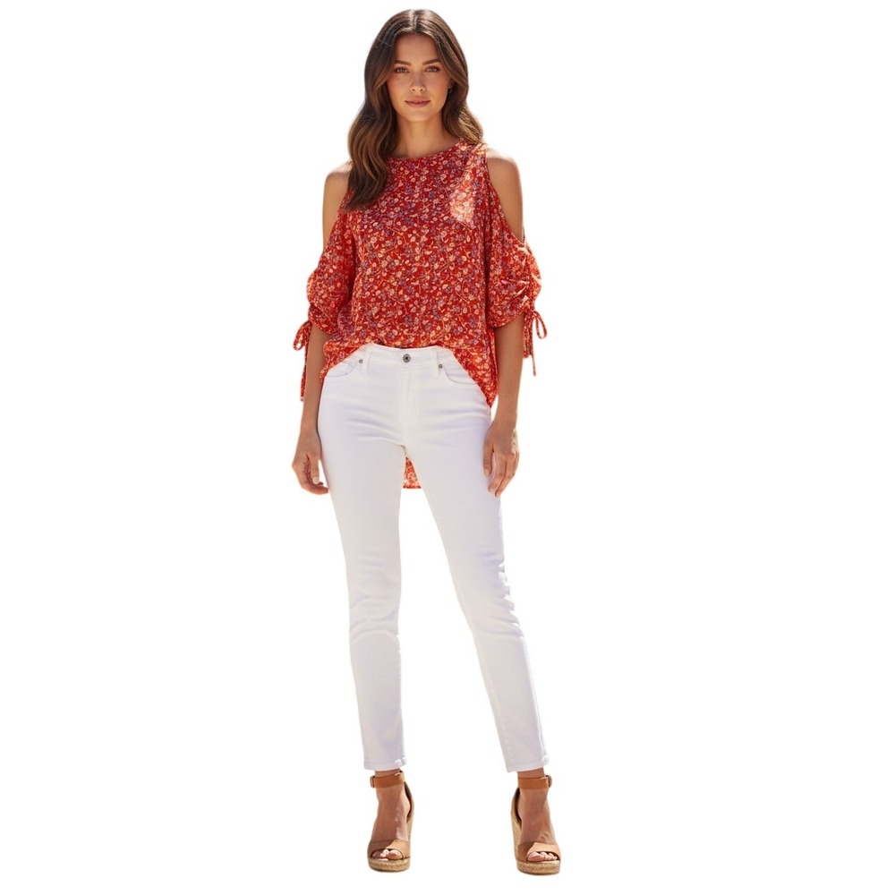 Veronica Beard NWOT Red Floral 100% Silk Cold Shoulder H/Low Blouse Top S $398